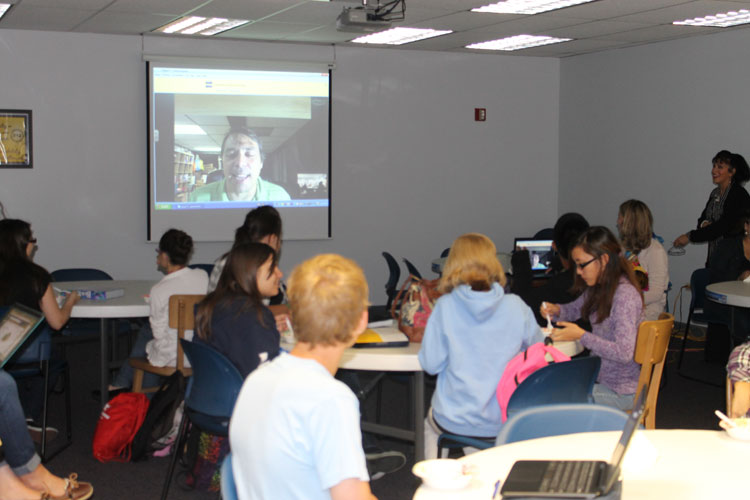 Students enjoy ice cream while chatting with Rikers High author Paul Volponi via Skype in the Nardini Library on Thursday, September 13th.