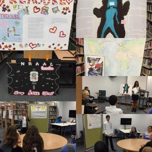 Students present their memoir in the library.